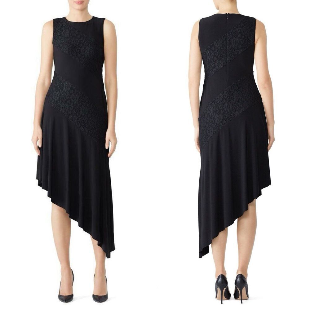 Lauren Ralph Lauren Womens Sz 10 Black Cocktail‎ Midi Dress Stretch Asymmetrical